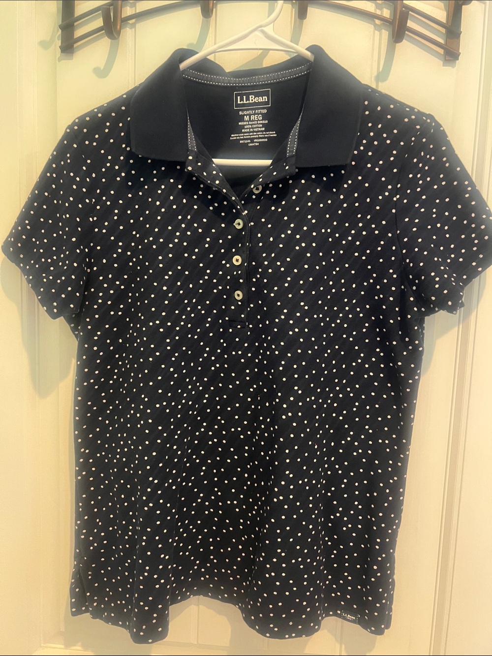 L.L. Bean Women’s Navy Polo Shirt with White Dot Print